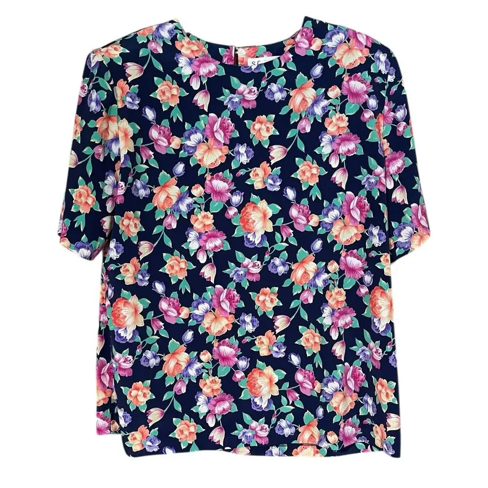 Susan Graver S.G. Sport Vintage Large Blue Floral Short Sleeve Top & Belt/Scarf